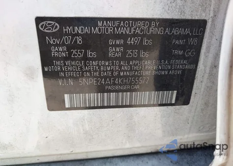 2019 Hyundai Sonata Se z USA, uszkodzony, nr VIN 5NPE24AF4KH755572